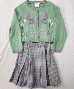 Bonnie Jean Girl's Outfit Skirt Long Sleeve Button Up Sweater Purple Green Sz 10 - Picture 1 of 9