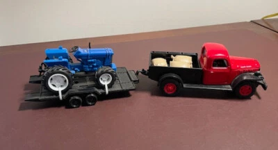  Newray 1946 Red Dodge Power Wagon Truck Model Diecast 1:32 w/ Blue Farm Tractor - Image 1 of 4