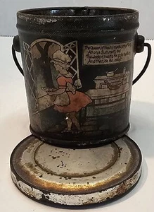 Antique Early 1900's Tin Litho Nursery Rhyme Queen Of Hearts Candy Pail Bucket - Picture 1 of 6