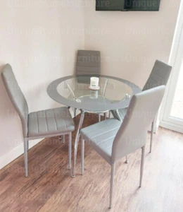 Glass Dining Table and 4 Chairs Modern Round Furniture Metal Seater Grey Set 5pc - Picture 1 of 4