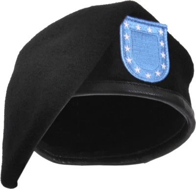 Black Military Inspection Ready Wool Uniform Beret with US Army Type Blue Flash - Image 1 of 2