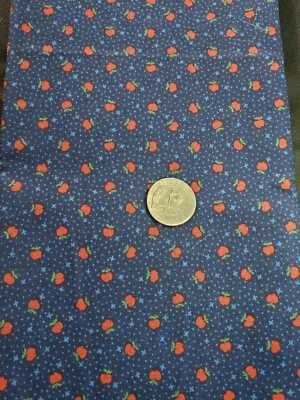 3/4 yds Red Apples Blue Stars Vintage Fabric by Cranston Print Works Dark Blue - Image 1 of 3