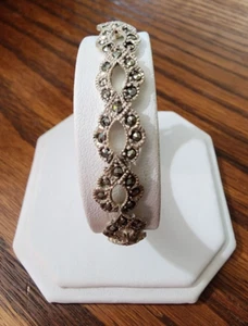 925 Sterling Silver - Vintage Sparkle Marcasite Open Oval Link Chain Bracelet 7" - Picture 1 of 7