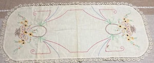 Vintage Hand Embroidered Linen Table Runner Floral Basket Crochet Lace Edging - Picture 1 of 6