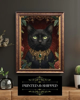 Arte de pared de joyas de esmeralda retrato gótico de vacaciones con impresión artística de Navidad de gato negro Foto 1 de 4