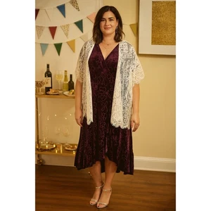 Calvin Klein Whimsygoth Faux Wrap Velvet Burnout Ruffled Dress in Deep Purple - Bild 1 von 8