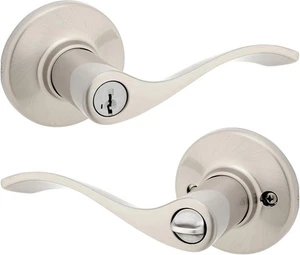 Kwikset 94050-673 Entry Door Lockset Lever Handle Satin Nickel - Fits all doors - Picture 1 of 4