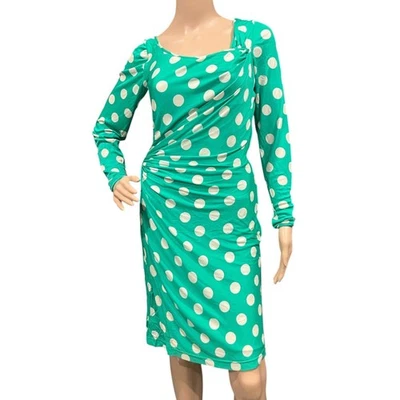 EMANUEL UNGARO Parallele VTG 1980s Green & White Polka Dot Ruched Midi Dress 8 - Image 1 of 4