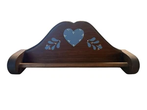 Vintage Dark Wood Country Tea Towel Hand Towel Holder Rod Painted Blue Heart - Picture 1 of 9