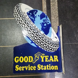 GOODYEAR STATION FLANGE 2-SIDED PORCELAIN ENAMEL SIGN 20.5 X 30 INCHES - Picture 1 of 4
