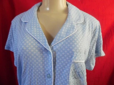 KAREN NEUBURGER BLUE WHITE MONOGRAMMED PAJAMAS CROP PANTS BUTTON FRONT TOP SMALL - Image 1 of 4