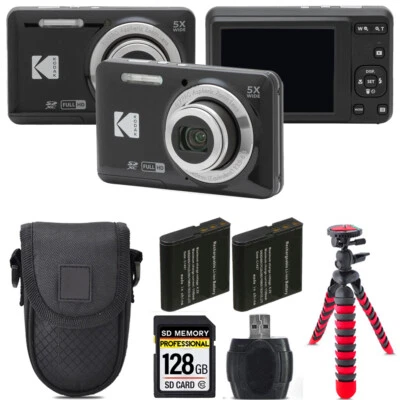 Kodak PIXPRO FZ55 Digital Camera (Black) +Extra Battery +Tripod +Case -128GB Kit