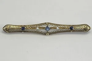 Lapel Pin Vintage 14k Sapphire And Pearl - Picture 1 of 12