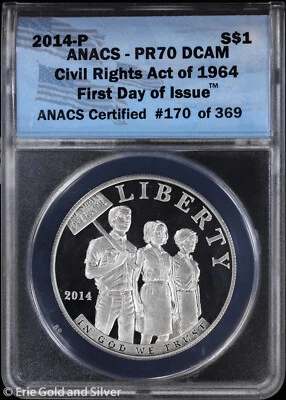 2014-P $1 Proof Civil Rights Act Commem Silver Dollar ANACS PR 70 DCAM | FDOI - Image 1 of 4