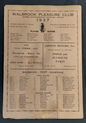 1937 Walbrook Pleasure Club Baseball League Program Baltimore Northwestern ADS - Image 1 of 4