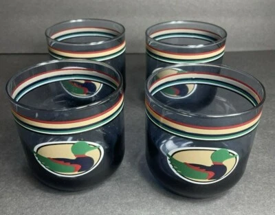 4 vasos antiguos de diseño de pato vintage con borde a rayas - azul y multicolor Foto 1 de 4
