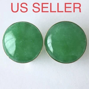 Neu 14k massiv Gelbgold natürliche grüne Jade Ohrringe Viel Glück 18mm französischer Clip - Bild 1 von 7