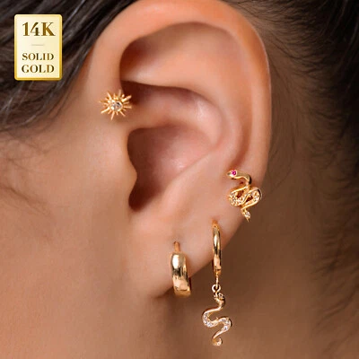 14K Real Solid Gold Diamond Snake Stud Piercing Earring 18G - Image 1 of 3