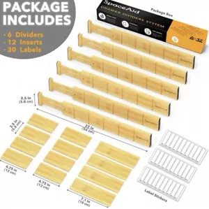 SpaceAid Bamboo Drawer Adjustable Dividers w Inserts & Labels Organizer 17-22" - Picture 1 of 6