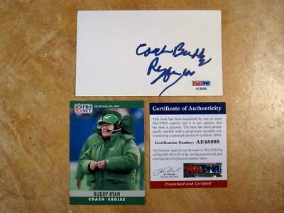 BUDDY RYAN COACH SIGNED AUTOGRAPHED INDEX CARD BEARS/EAGLES & PRO SET CARD PSA - Image 1 of 2