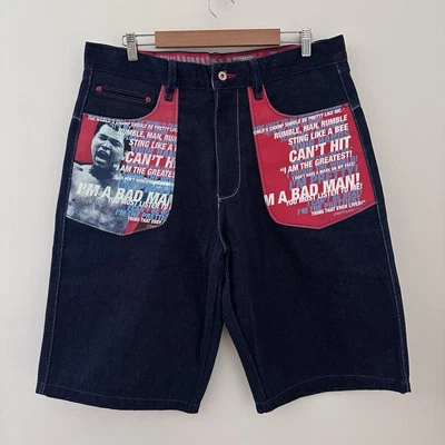 Vintage Y2K Platinum Fubu “Muhammad Ali” Baggy Denim Shorts - Graphic - Mens 36 - Image 1 of 4