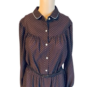 Vintage 70s Brown Polka Dot Secretary Yolk Pleated Work Attire Dress M/L - Imagen 1 de 7