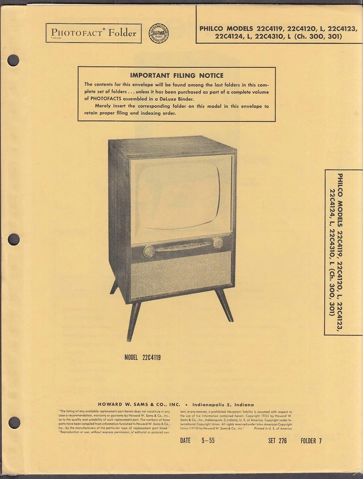 Philco TV Model 22C Photofact Folder 1955 - Image 1 of 1