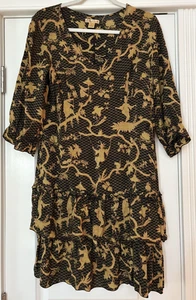 Vintage April Cornell Dress Rayon Tiered Ruffled Black Gold 3/4 Sleeves Sz Small - Picture 1 of 8