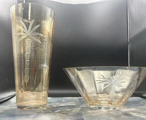 Lenox British Colonial Etched Glass Amber Palm Tree Vase And Serving Bowl. - Picture 1 of 7