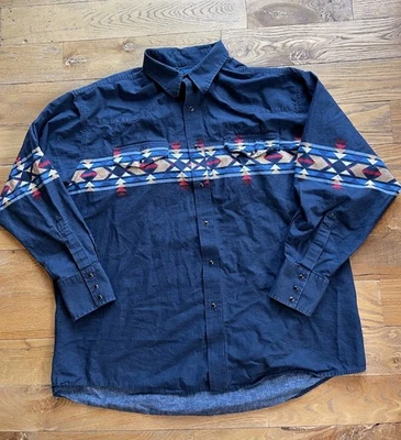 VTG Wrangler Western Shirt Men 2XL Blue Aztec Pearl Snap Rodeo Cowboy Southwest - Image 1 of 4