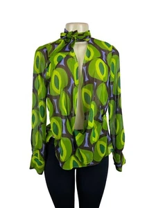 Zara Women's Retro Green & Brown Geometric Print Sheer Blouse Sz S - New - Picture 1 of 10