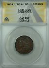 1834 HALF CENT CLASSIC HEAD 1/2C US COIN ANACS AU-50 DETAILS CORRODED
