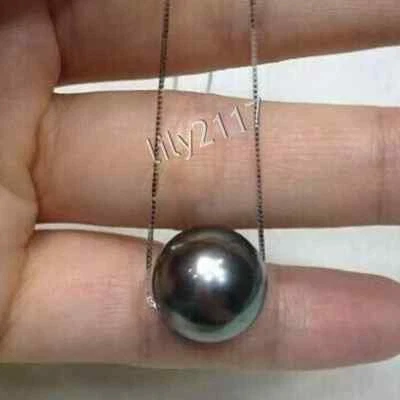 华丽真实天然圆形南海黑色珍珠吊坠项链 18 英寸 — 第 1/4 张图片
