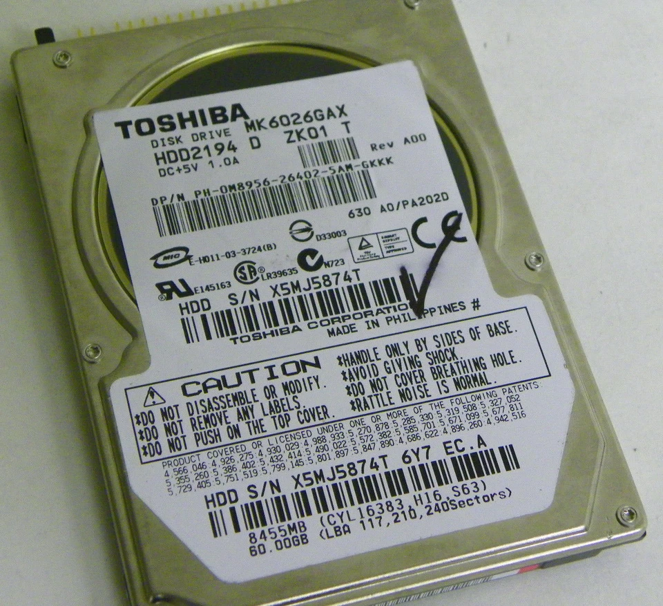 60GB Toshiba MK6026GAX Laptop IDE Hard Drive HDD2194 D ZK01 T DP/N 0M8956 - Image 1 of 1