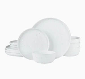 12 Piece Dinnerware Set Dish Dinner Plates Stoneware Service For 4 White Speckle - Picture 1 of 6