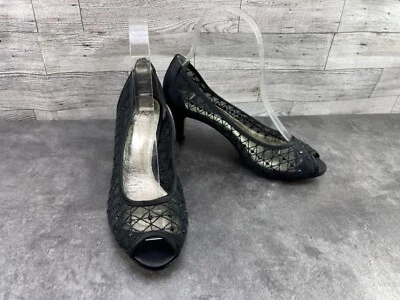 Zapatos de tacón Adrianna Papell para mujer 6M Jamie negros satinados estrás punta abierta Foto 1 de 4