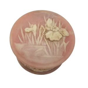 VTG Incolay Stone Pink Trinket Jewelry Box Raised Flowers Hinged  5" Round USA - Picture 1 of 7