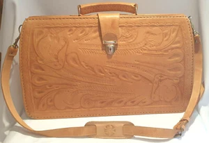 Stunning Vintage M R Canoa Argentina Tan Hand Tooled Leather Shoulder Briefcase - Picture 1 of 8