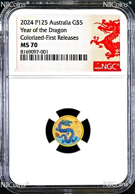 2024 Australia Colored GOLD $5 Lunar Year of the Dragon NGC MS70 1/20oz Coin FR - Image 1 of 2