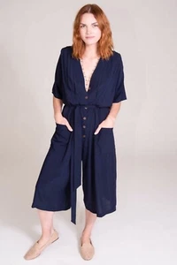 Tysa Jumpsuit XS/S Navy Blue Soft Rayon Classic Button-Up Wide Leg Romper - Picture 1 of 8