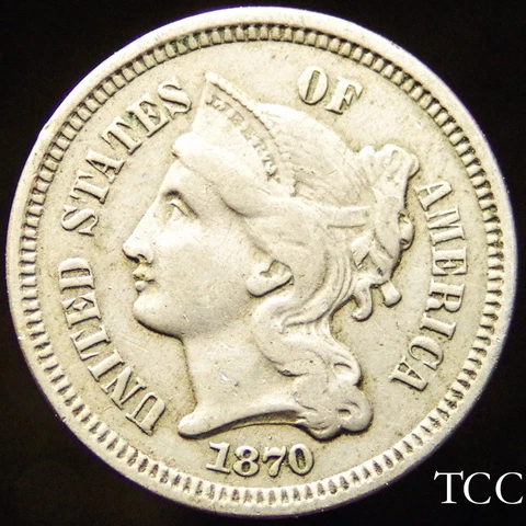 1870 THREE CENT NICKEL ~  GORGEOUS ORIGINAL 3c COIN ~ FREE SHIPPING ~ TCC Cover