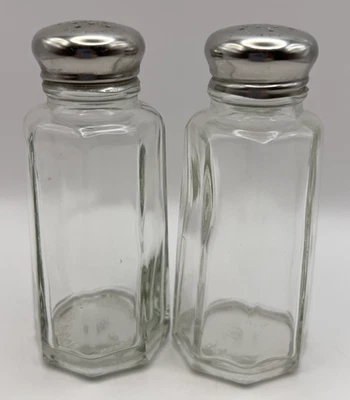 Juego de saleros y pimenteros de vidrio hexagonal vintage estilo comedor tapas de acero inoxidable Foto 1 de 4