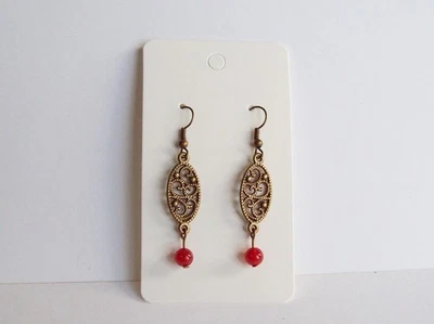 New Ornate Filigree Dangle Earrings with Carnelian Stones, Bronze Tone Handmade - Image 1 of 3