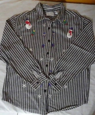 WESTBOUND Black White Striped Cotton Shirt Christmas Snowman Appliqué SZ L GUC - Image 1 of 4