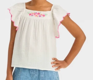 Girls M (8) Off White Ruffle Short Sleeve Woven Shirt Top Floral Embroidered Top - Picture 1 of 1