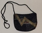 Vintage Small Black Multicolor Beaded Evening Bag Purse Crossbody Rope Strap