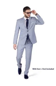 Slim Fit Herren Anzug Stein Silber 3 Stück gekleidet Micro Strukturiert Webt 2 Knöpfe AZAR - Bild 1 von 6