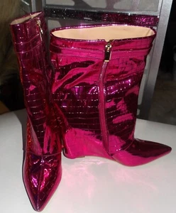 FASHION NOVA OPENING NIGHT PINK METALLIC CROC FOLD OVER BOOTIES (SZ:8.5) - Picture 1 of 6