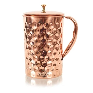 Copper Hammered Diamond Design Jug Pitcher 1500 ML Brass Knob Lid - Pack Of 1 - Picture 1 of 3