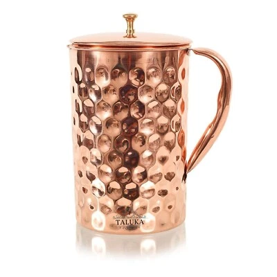 Copper Hammered Diamond Design Jug Pitcher 1500 ML Brass Knob Lid - Pack Of 1 - Image 1 of 3